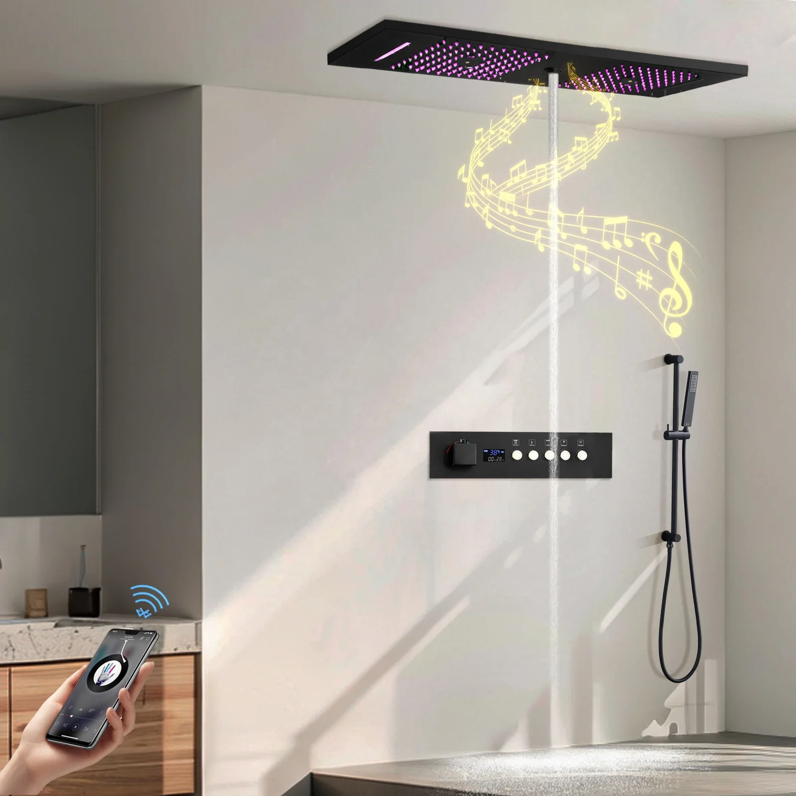 12 X 36 inch Ceiling Led Rain Shower Head with Music Speaker System  Bathroom LED Display Thermostatic Shower Fixtures Set