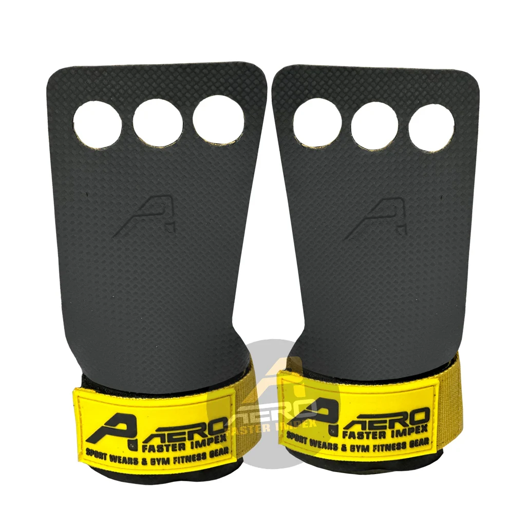 3 Hole Heavy Duty Gym Workout Cross-Fit Grips Black Carbon Comfortable Non-Slip Customized Handholds Made Rubber PU Gymnastics