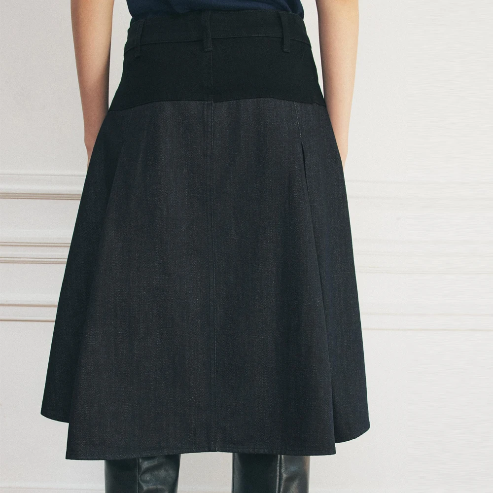 Wholesale Price Pleated Detail With Combination Fabric Women Denim Skirts / Factory Rate Mid Rise Midi Denim Skirts For Women