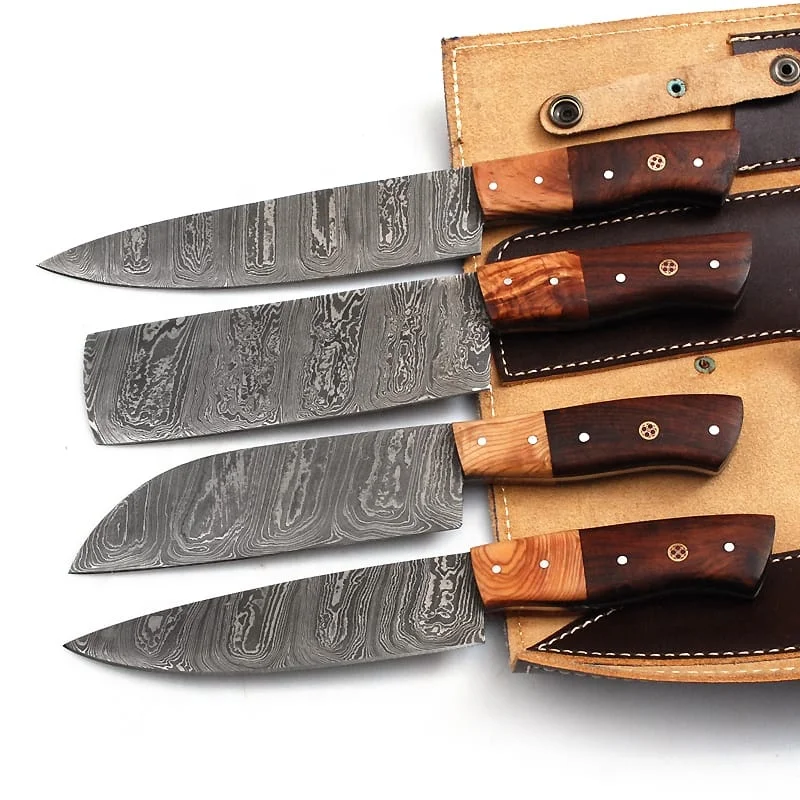 Handmade Damascus Steel Chef Knife Set with Rosewood Olivewood Handles Includes Leather Roll