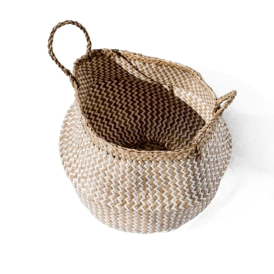 Cheapest price white zigzag seagrass belly baskets stackable storage for toys laundry baskets