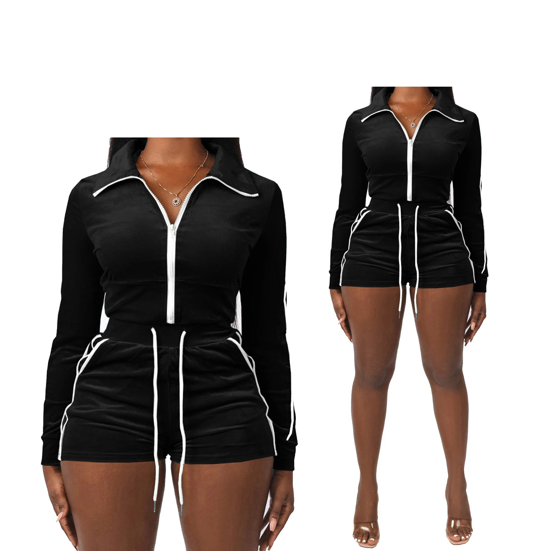 Custom Logo Velour Suits Shorts And Long Sleeve Crop Top Track Suit Workout 2 Piece Set Velvet Tracksuit For Women Breathable