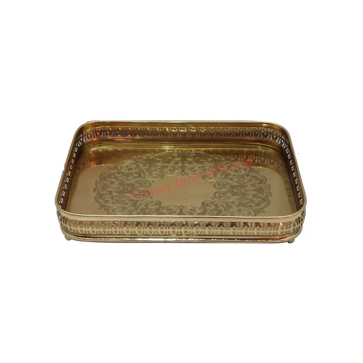 Direct Factory Selling Made In India Brass Antique Etched Serving Tray with Legs Customizable Restaurant and Hotel Supplies