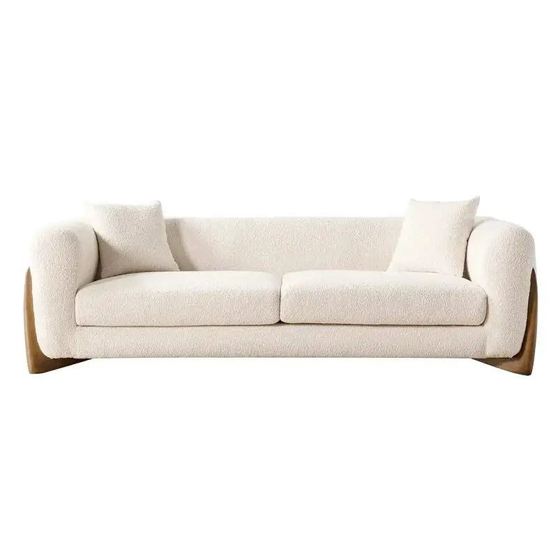 2022 Italian Design Living Room Teddy Sofa Upholstered White Boucle Fabric Solid Canaletta Walnut Feet Luxury Lambwool Sofa
