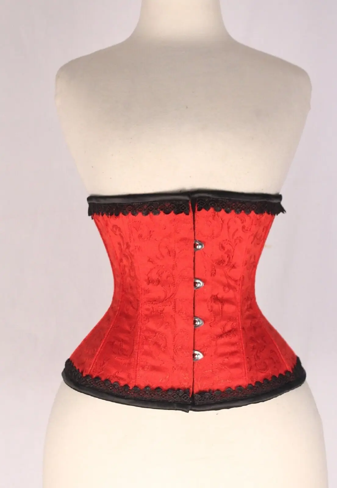 COSH CORSET Handmade Latest Underbust Steel Boned Limited Edition Red Brocade Corset With Black Lace and Trim