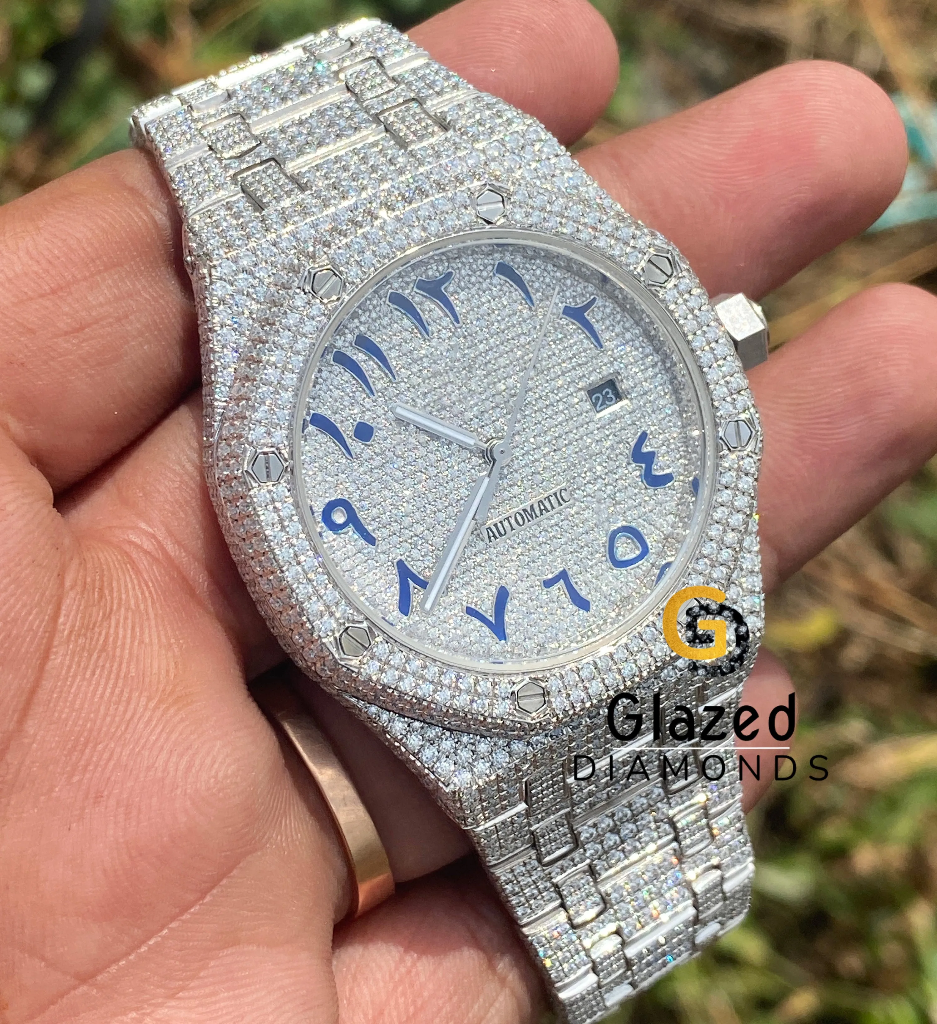 Stylishly Designed With Moissanite Round Brilliant Cut Diamonds And Stainless Steel Watch Is A Perfect Choice For The Men