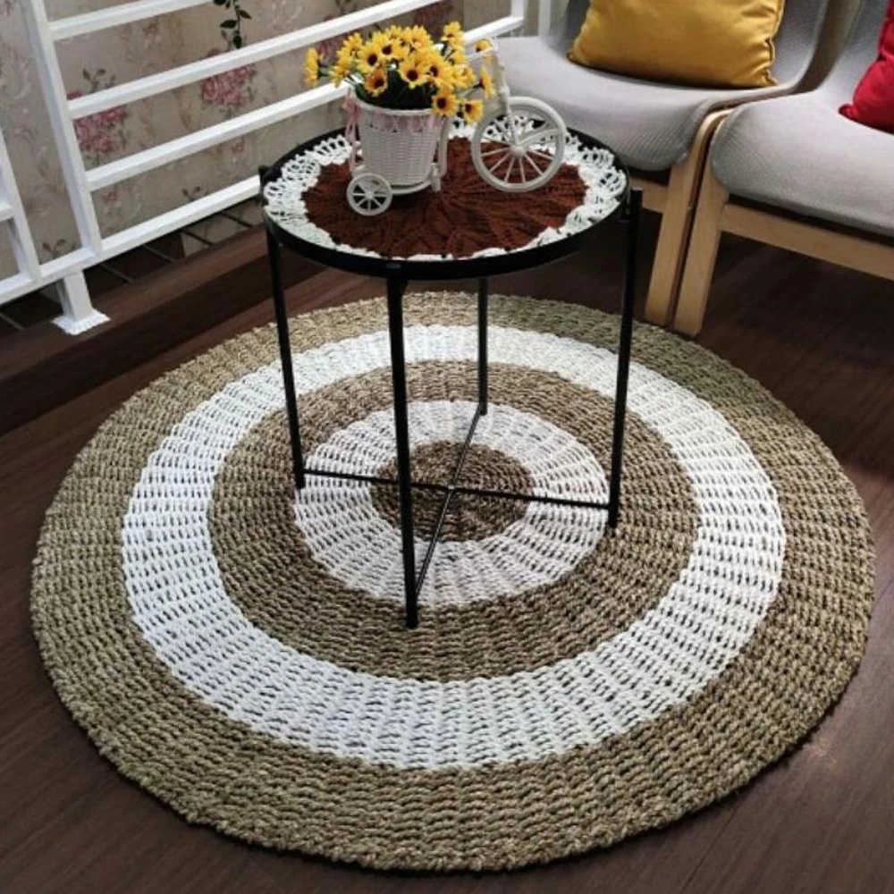 Wholesale Striped Seagrass Round Carpet Area Rug for Living Room Bedroom Bedside Woven Mat Home Decor Carpet Straw Floor Matting