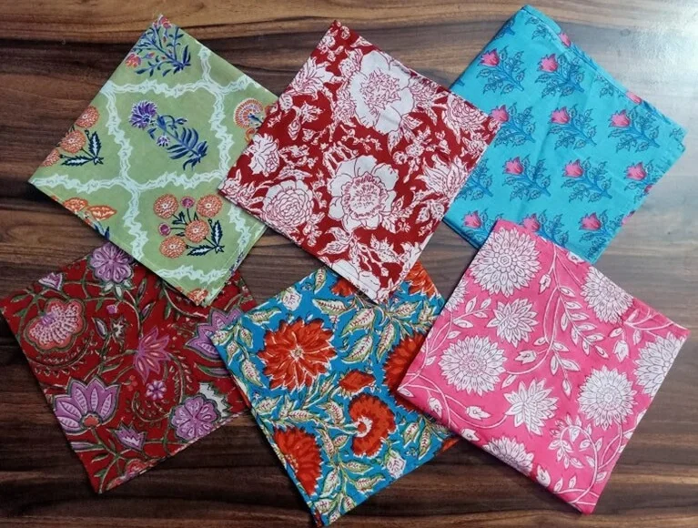 Wholesale Lot of Hand Block Cotton Napkins Assorted Scallop-Edged Kitchen Napkins in Rajasthani Colours