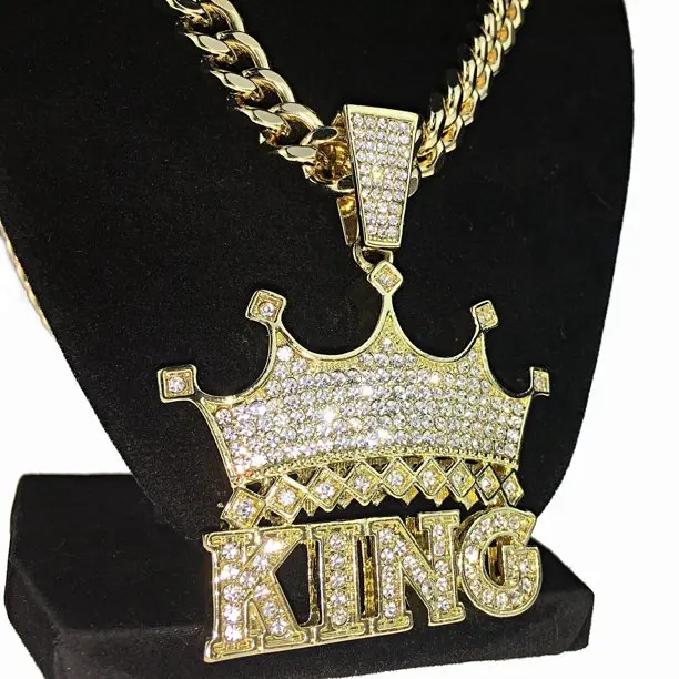 Crown King Hip Hop Pendant Chain Blinged Out Certified Gold Heavy Necklace With Curb Chain For Your Husband