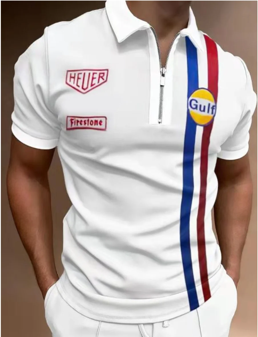 Men Zipped Polo Shirts Plaid Short Sleeve Tee Golf Tennis T-Shirt Casual Lapel Tops