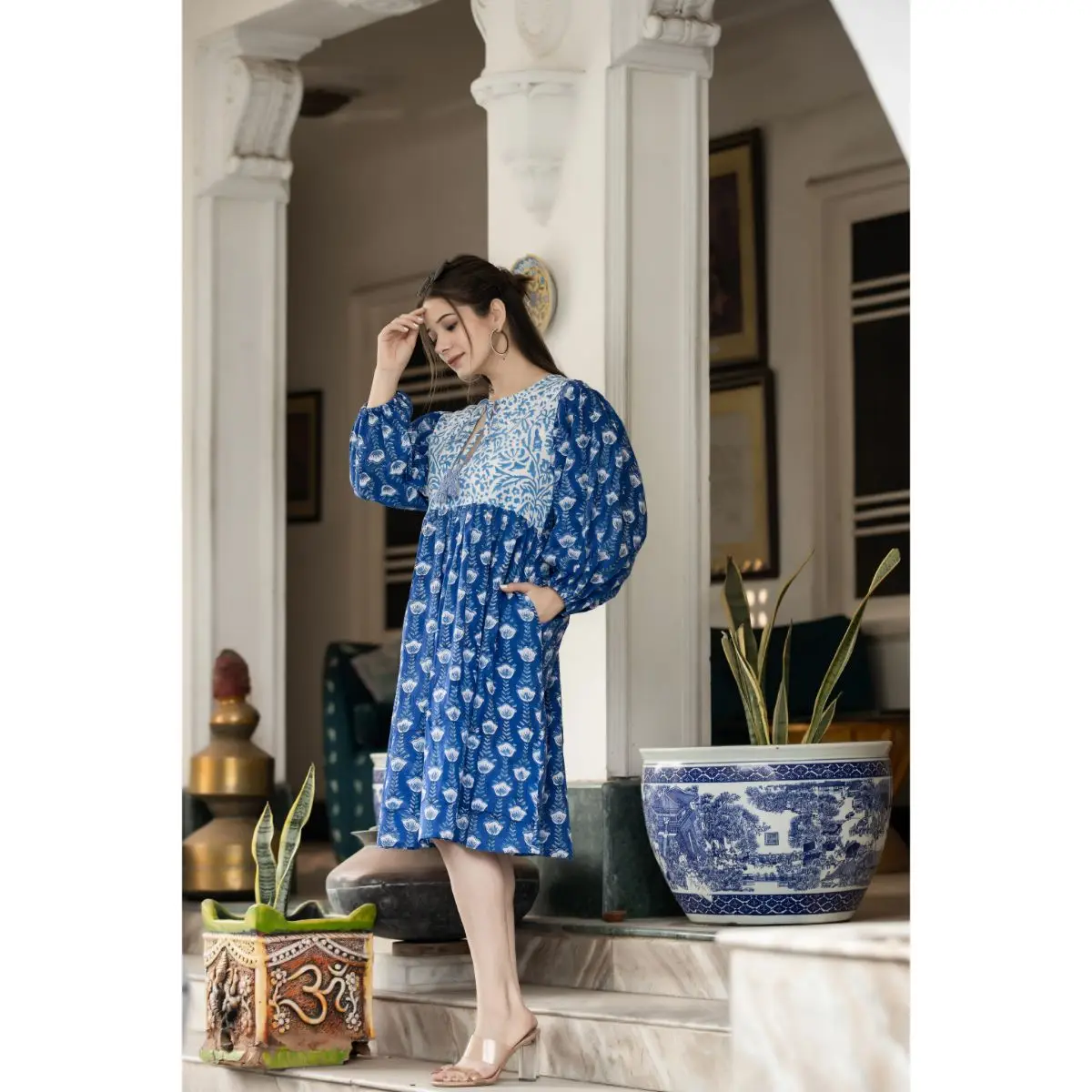 Blue And White Hand Block Printed Beautiful Cotton Women Dress Floral Beach Wear Light Weight Dress