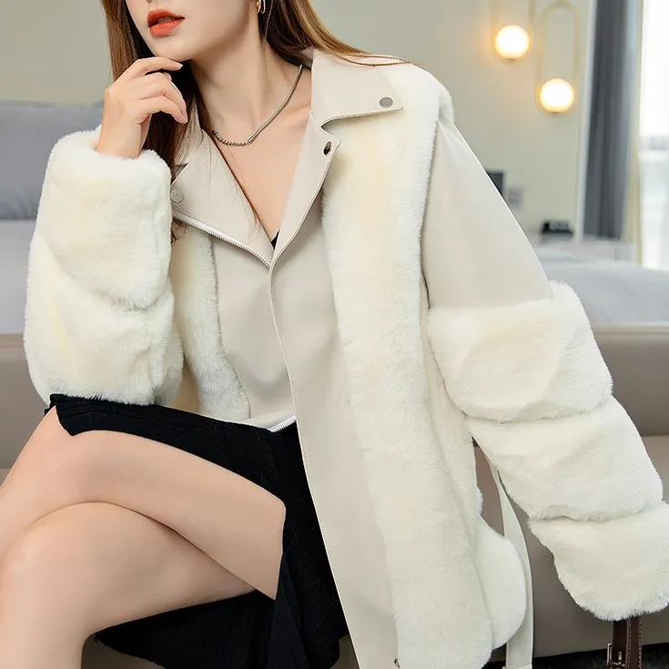 Women autumn and winter fur coat mid-length raccoon fur motorcycle clothing fashion korean imitation rex rabbit jacket