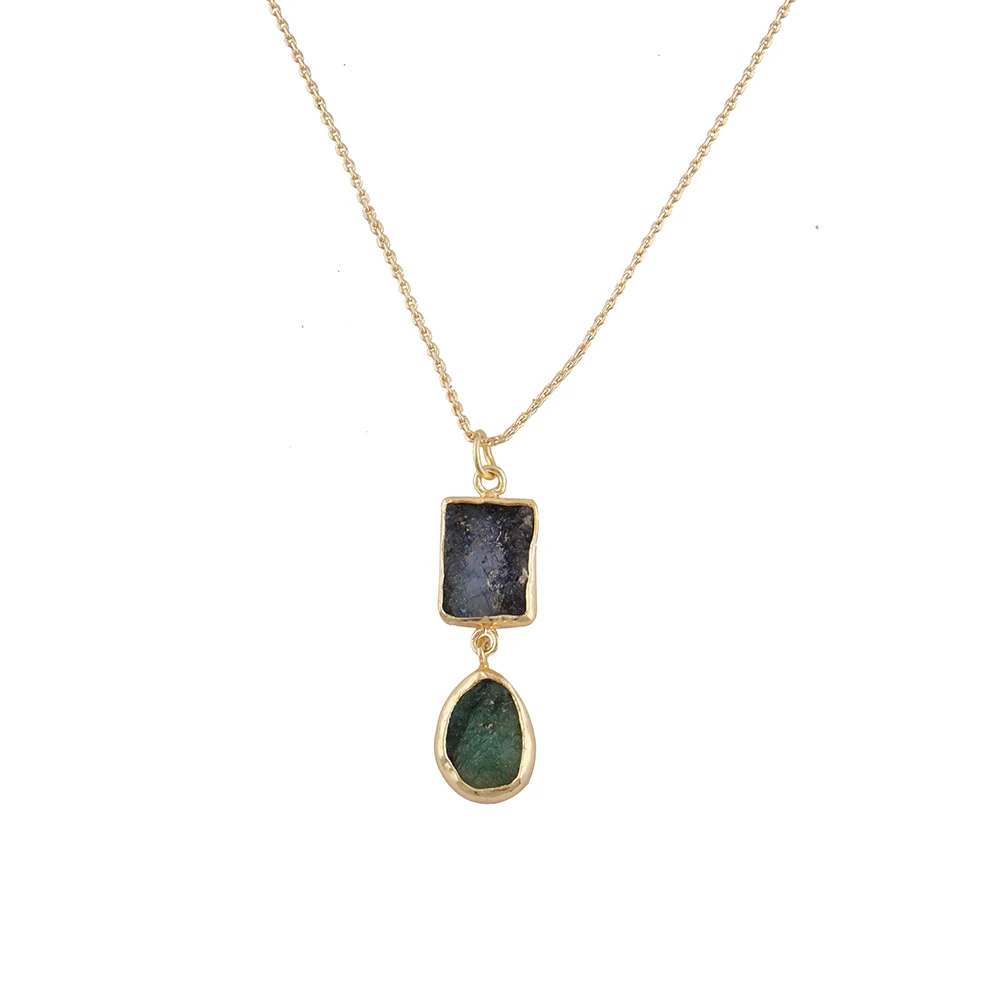 Tanzanite and green strawberry quartz gemstone gold plated link chain necklace pendant for wearing in anniversary engagement