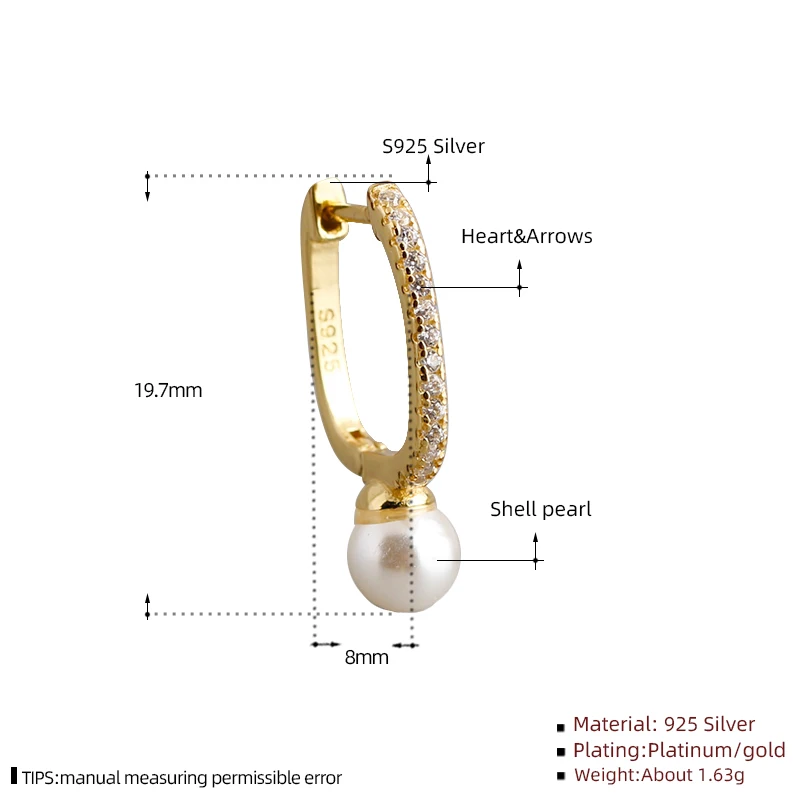 wholesale fashion jewelry 925 sterling silver U-shaped pearl diamond zircon gold plated hoop earring jewelry for women