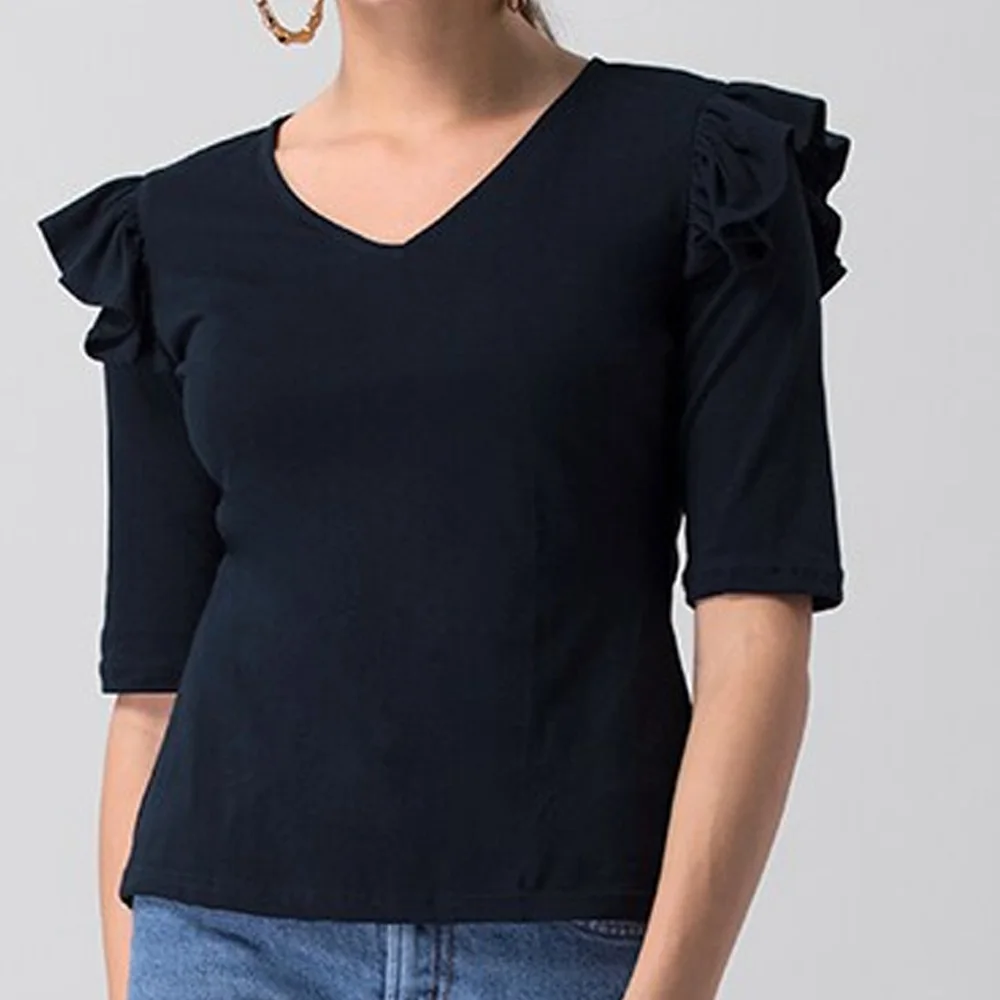 High Quality Casual Wear Summer V Neck Ruffle Women Top / Wholesale Price Solid Color Half Sleeves Tshirt For Women