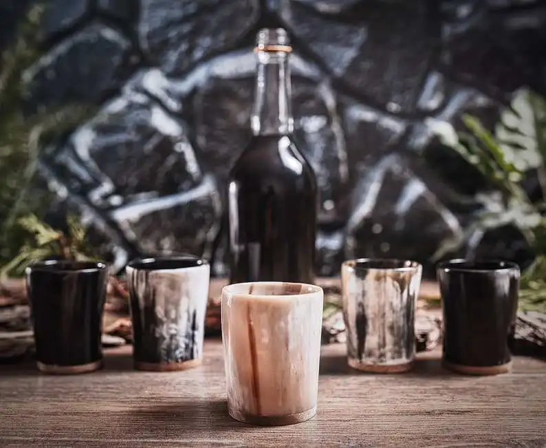 Modern design buffalo horn glass drinking viking Horn Beer Glass handicraft short with steel rim horn glass