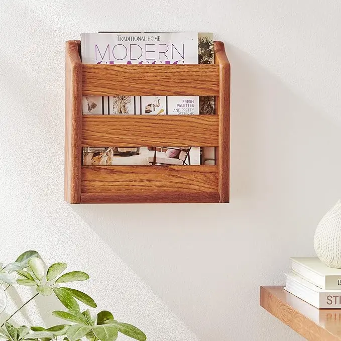 Wooden Desktop File Holder Organizer Wood Magazine Holder with Netting Side Panels Brown Magazine Rack