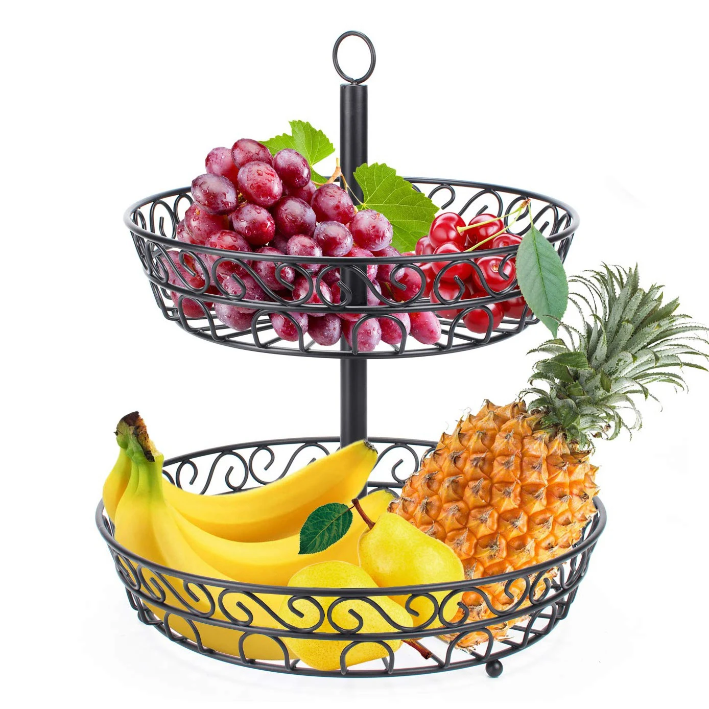 Household Kitchen Decoration Metal Wire Home Goods Storage Baskets Iron Round Wire Fruit Basket with Handle