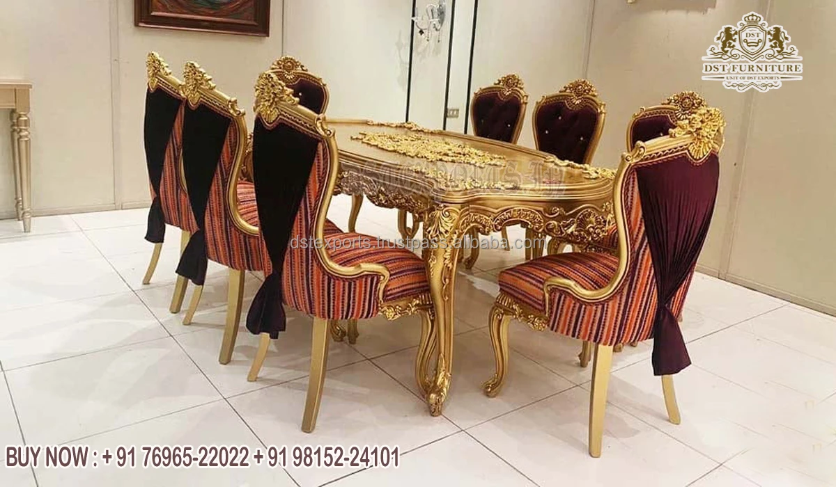 Royal Baroque Heavy Carved Gold Dining Table Set Luxury Dining Room Sets for Grand Villa Victorian Gold Dining Table Set