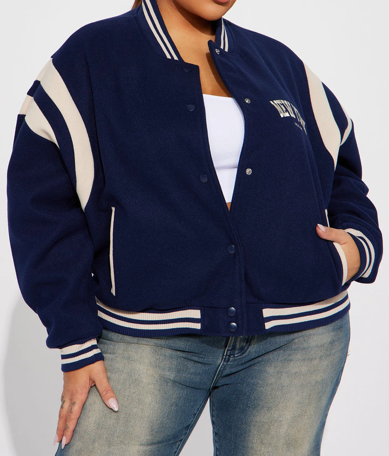 Oem Manufacturer Faux Wool Navy Varsity Jacket Snap Button Closure Contrast Color Polyester Lining Bomber Varsity Jacket For Men