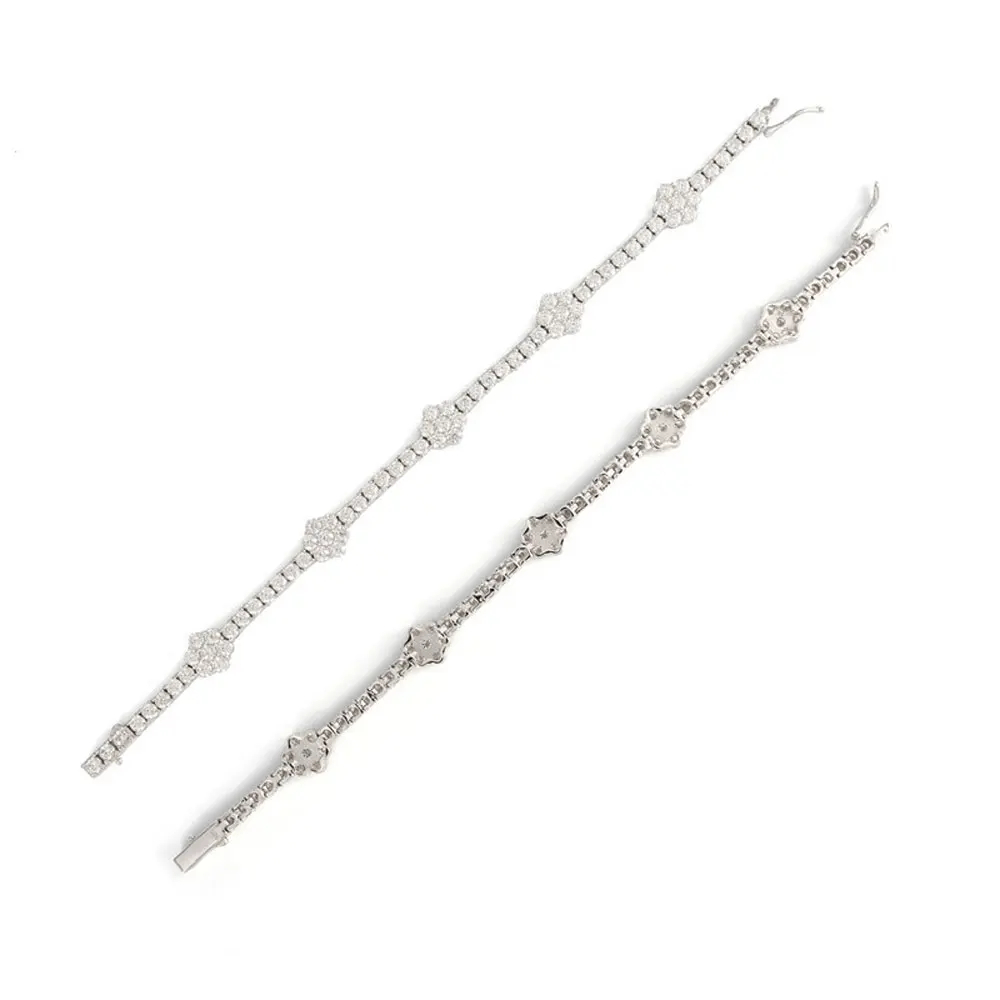 Fine Jewelry Men Women Hip-hop S925 Silver D Grade 3mm Moissanite Flower Tennis Chain Bracelet