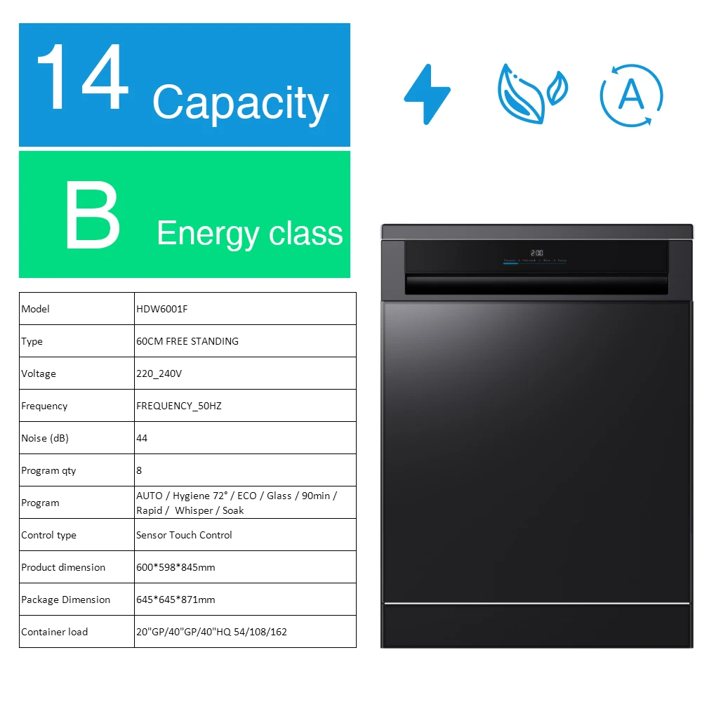 Hyxion Stainless steel kitchen Appliances 60CM FREE STANDING Auto Hygiene ECO Self-cleaing dishwashers
