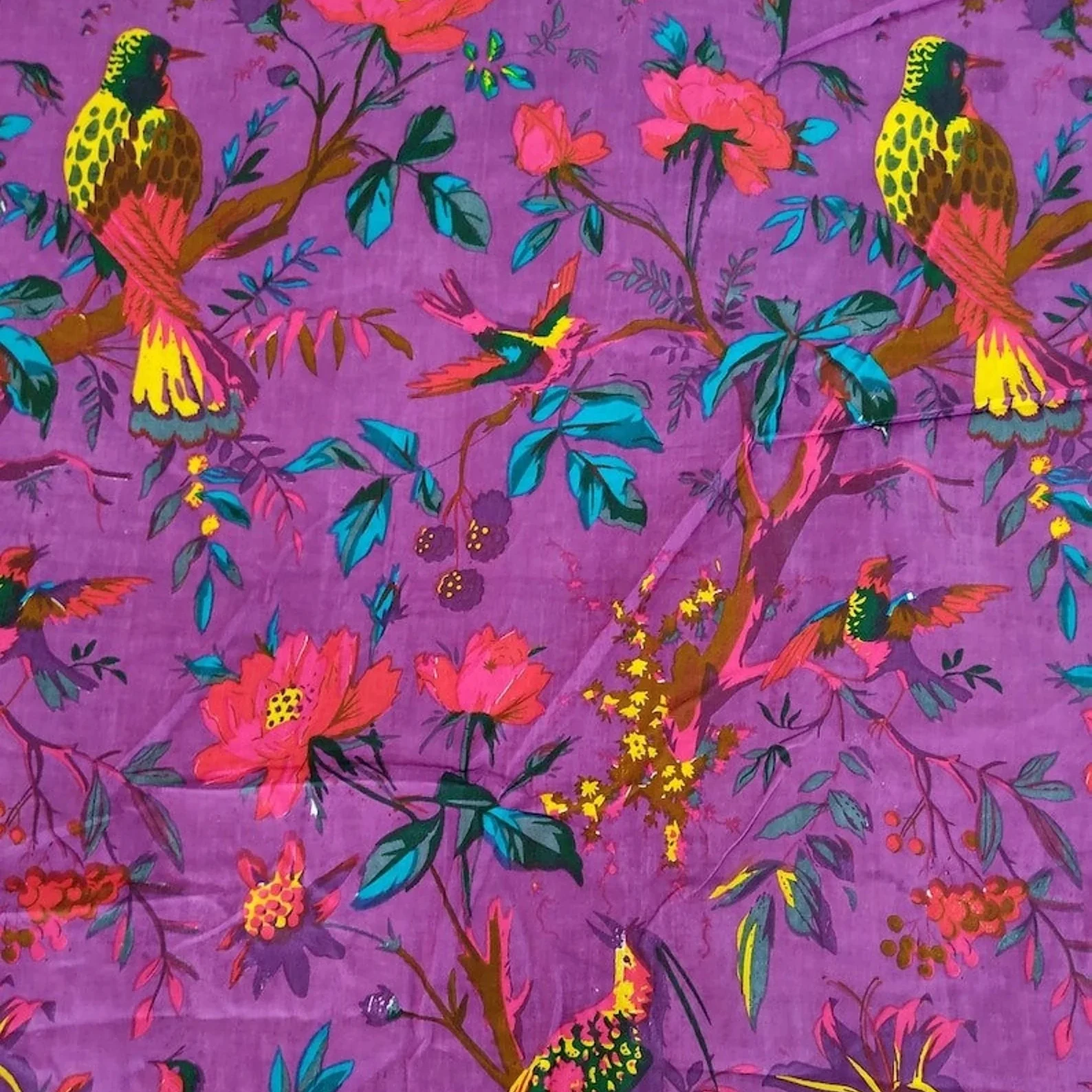 Purple Bird Print Cotton Fabric, Sewing Kimono Fabric, Dressmaking banyans Fabric, Indian Fabric By The Yard, Craft Fabric, Robe