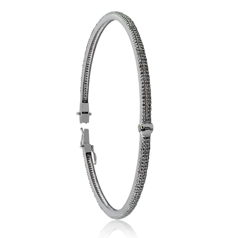 Pave Brown Diamond 925 Silver Openable Lock Bangle Oxidized Bracelet Handmade Round Jewelry 56 MM Gift for Her