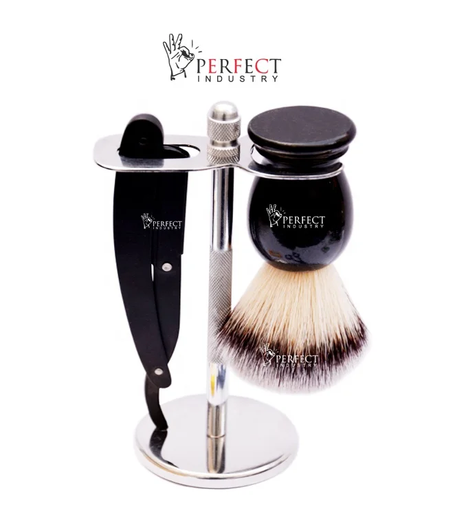 Hot selling finest Black & Chrome groomsmen set Black Fixed Blade Razor Black Shaving Brush & Shaving Stand Set