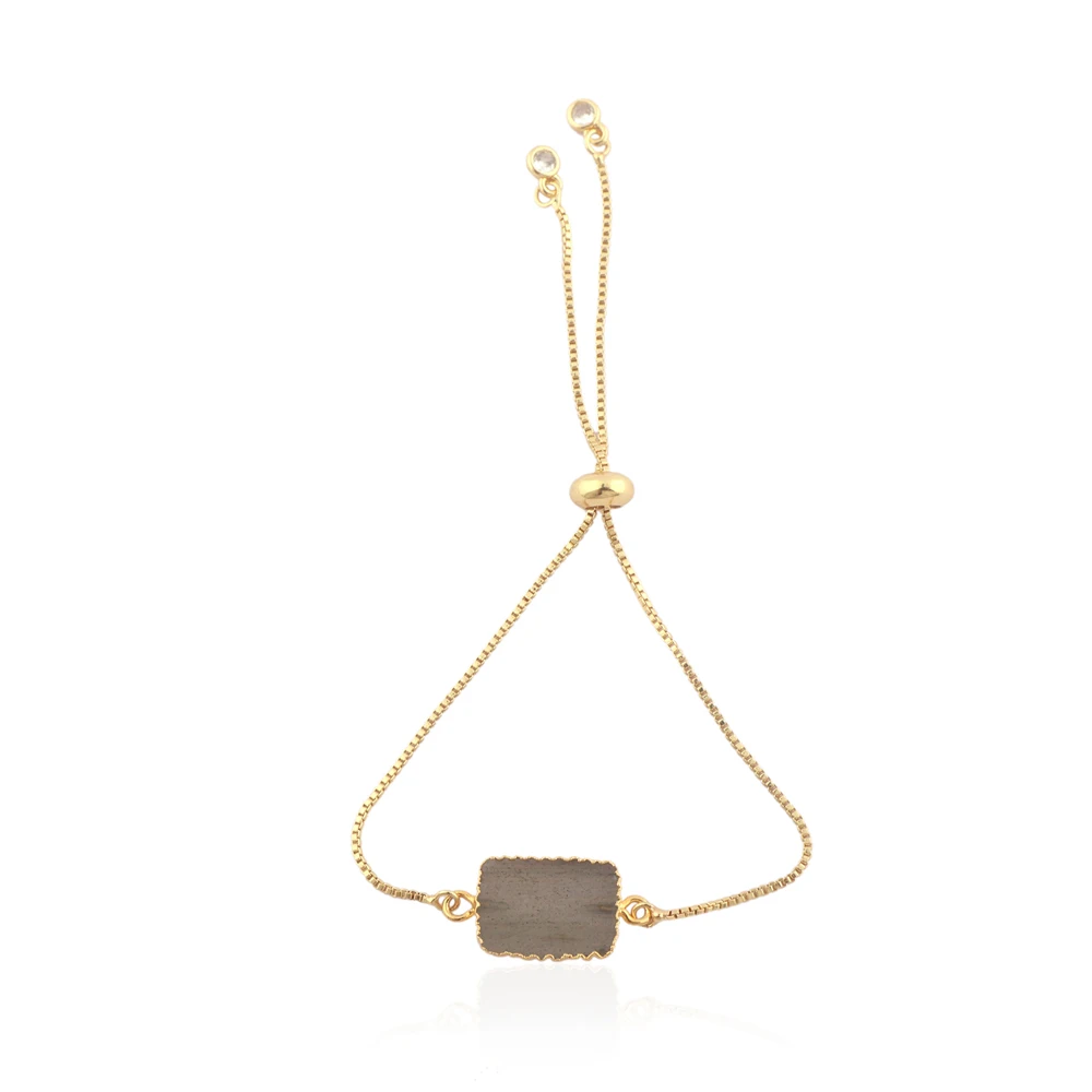 Wholesale Customized Natural Flashy Labradorite Rhinestone Pull Bracelet Diamond-Studded Brass Chain Gold Plating Zig Zag Gift