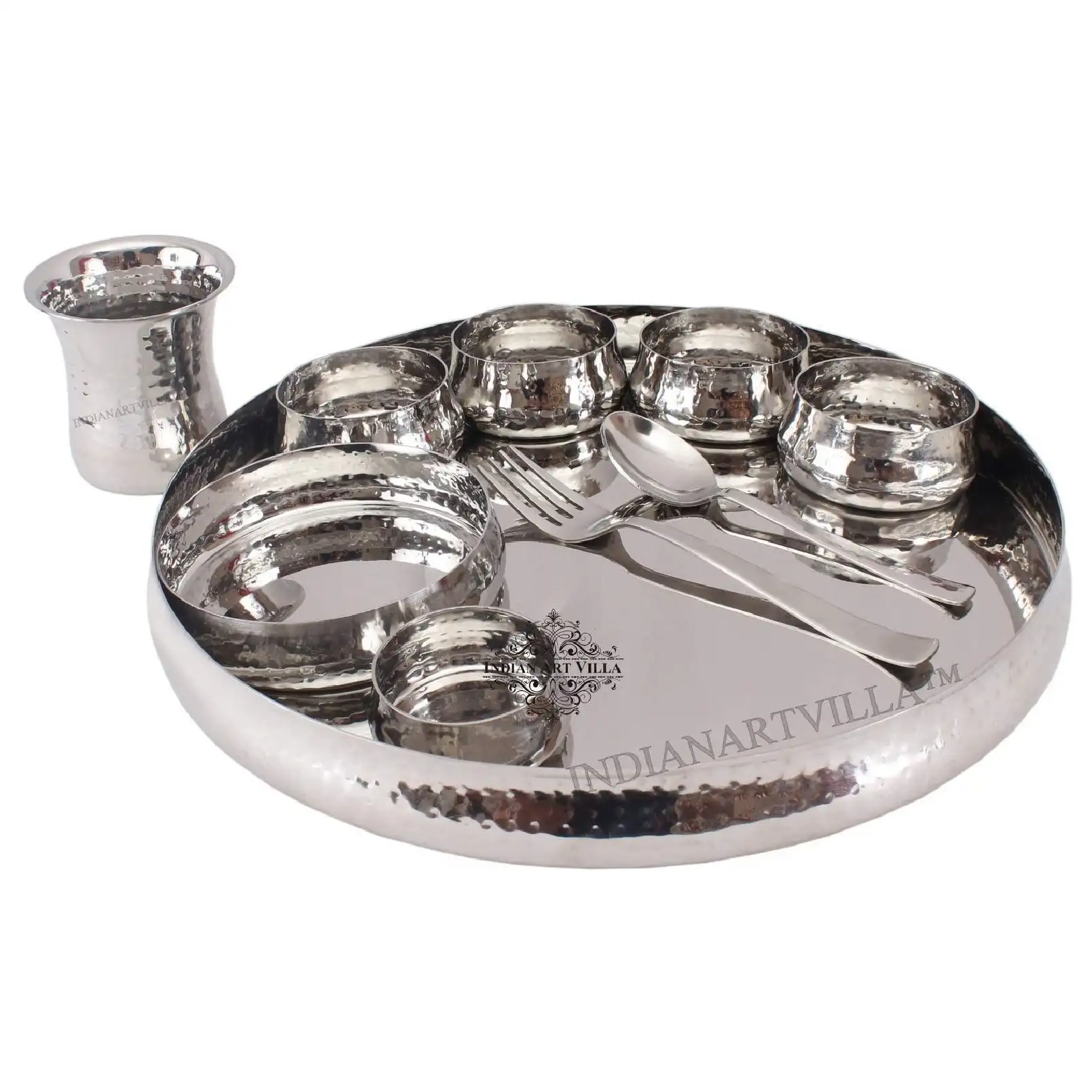 Indian Art Villa Premium Stainless Steel 10 Piece Hammered Design Curved Dinning Set for Home, Hotel and Restaurant
