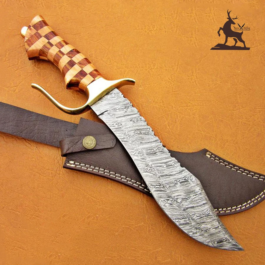Custom handmade Damascus Hunting knife with brass guard and wood handle with leather sheath