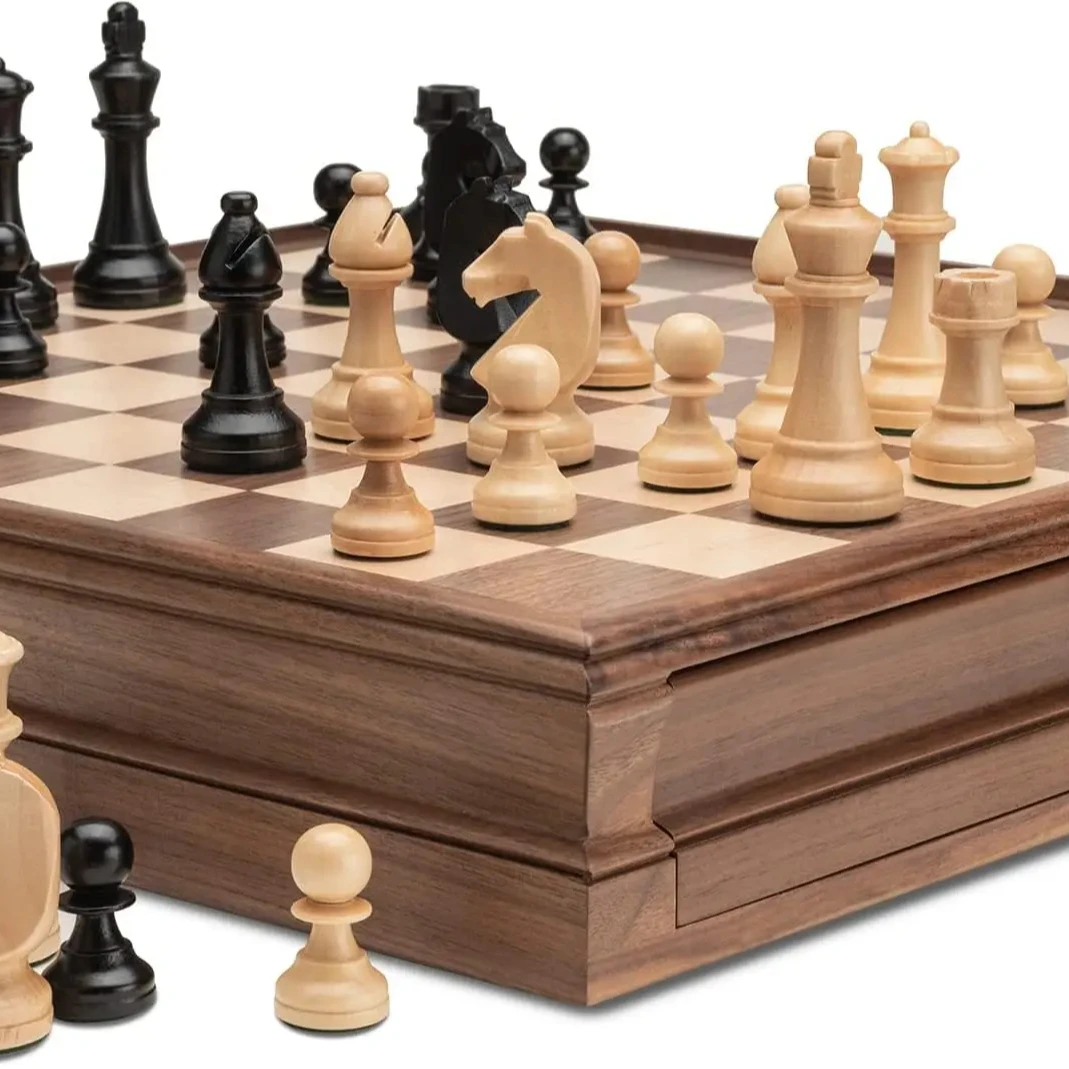 15 inch Walnut Wooden Chess Sets w/ Storage Drawer Triple Weighted Chess Pieces King Height Walnut Box Walnut & Maple Inlay