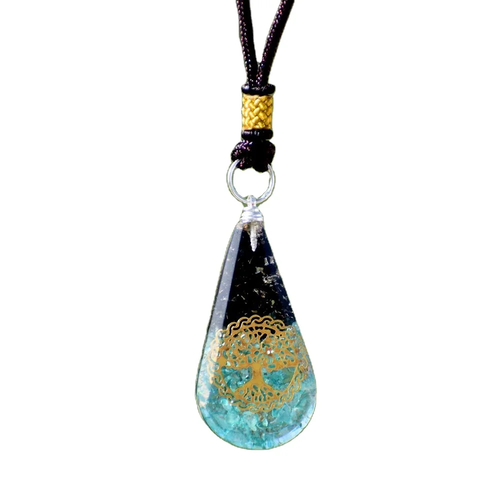 Real Crystal Black Tourmaline Orgone Pendant Protection | Blue Onyx Aquamarine Orgonite Pendant Flower Of Life Necklace