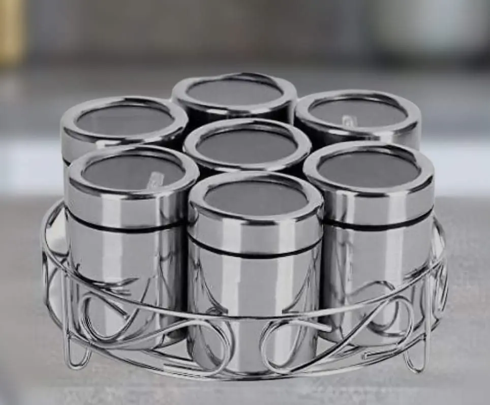 STEELE Masala Box for Kitchen  Set of 7 Stainless Steel Containers Handcrafted & Hand Painted Indian Spice Box Container wooden