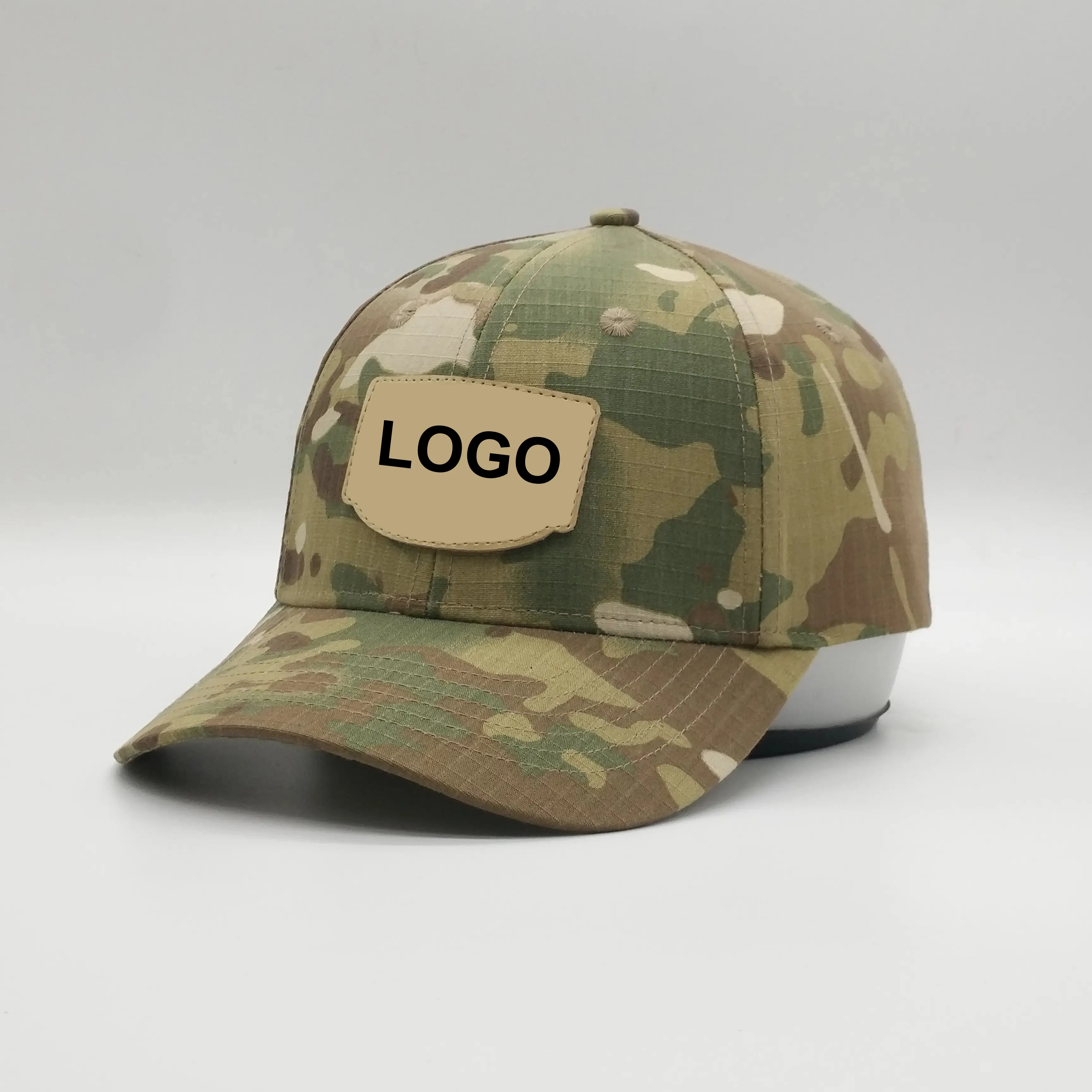 High Quality Wholesale Custom Cheap 6 Pane Structured Ripstop Tactical Camo Faux Leather Patch Magic Tape Closure Baseball Hat
