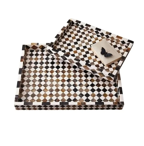 Wholesale 2 Pcs Set Rectangular Natural Buffalo Horn Epoxy Resin Inlay Serving Tray Home Decor Tray by Quality Handicrafts