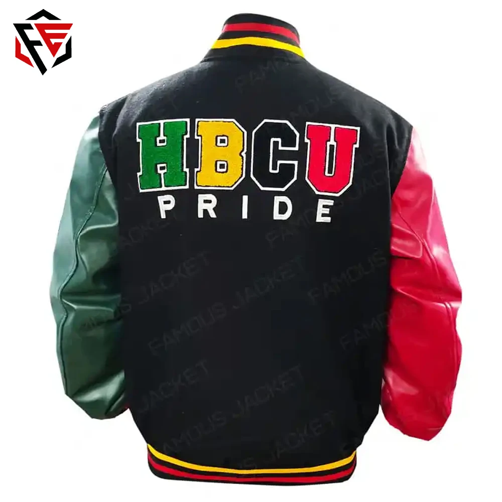 Custom Made Varsity Jacket Yellow Red Sleeves Black Body Letterman Varsity Jacket with Custom Logos Lamb Skin Leather
