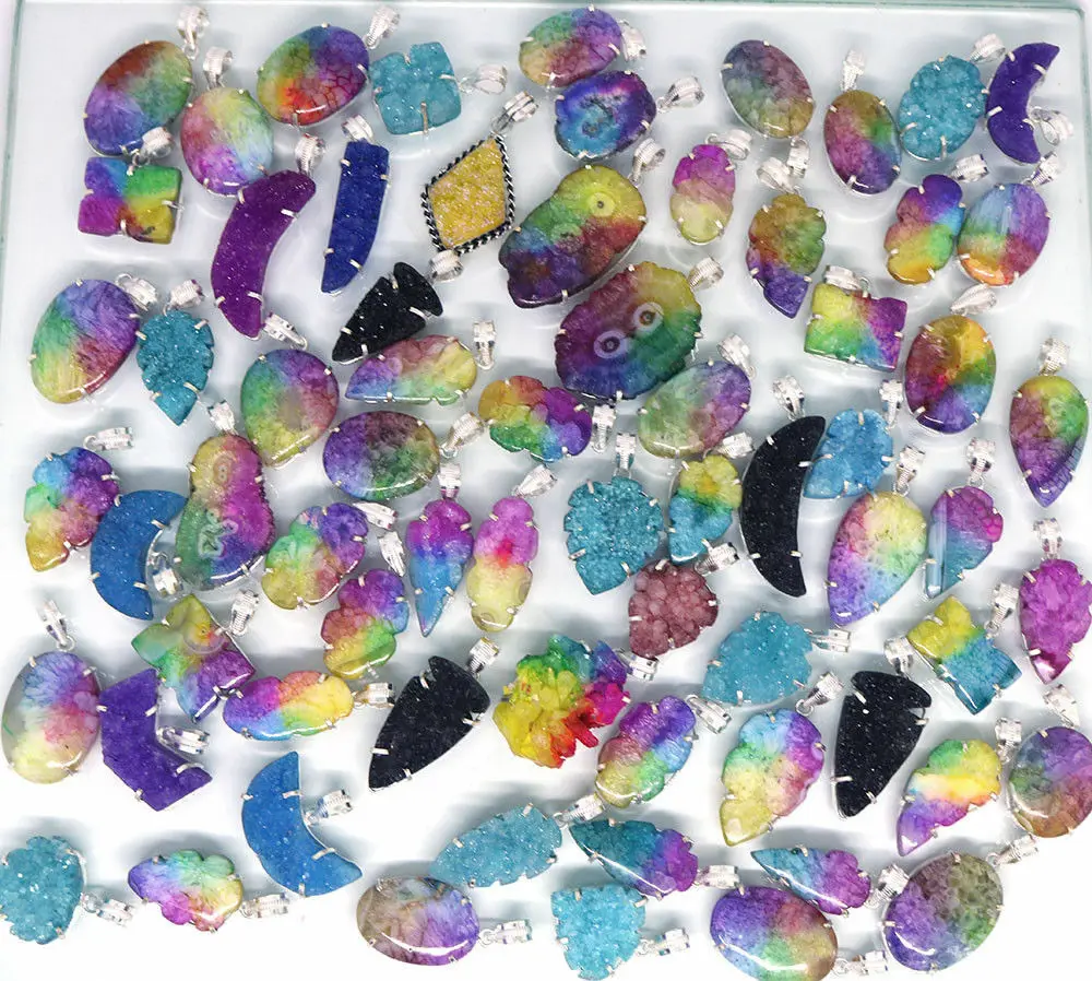 Natural crystal wholesale Rainbow Druzy Agate  With silver Rim Electroplated  Pendants Bulk Quantity