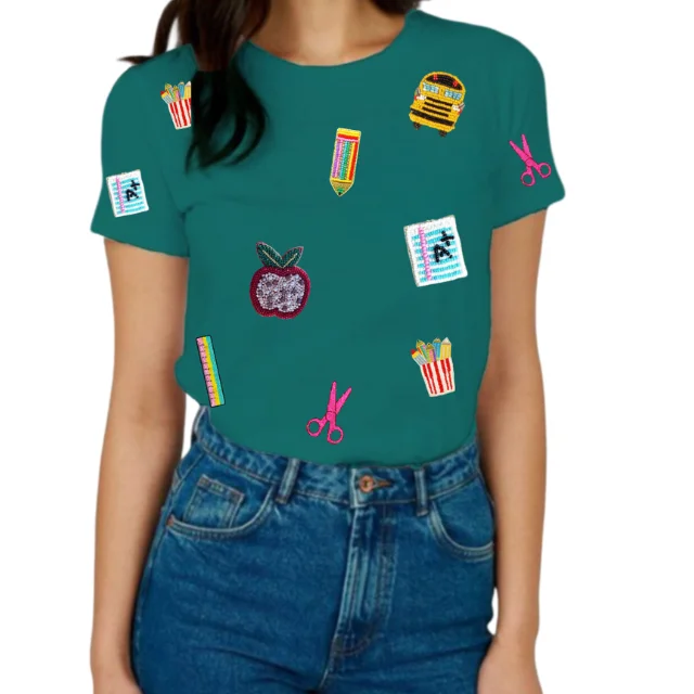 Fashion Luxury 100% Cotton Back-to-school T-shirt Custom Summer Casual Women O-Neck Beadwork T-shirts