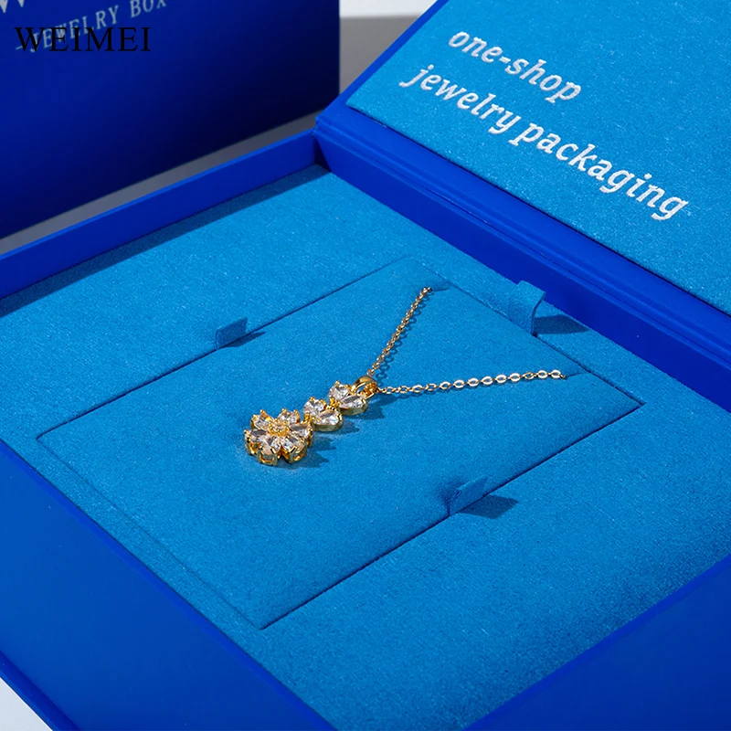 WEIMEI FSC Blue high-end jewelry packaging set box paper ring jewelry box cardboard microfiber necklace package box