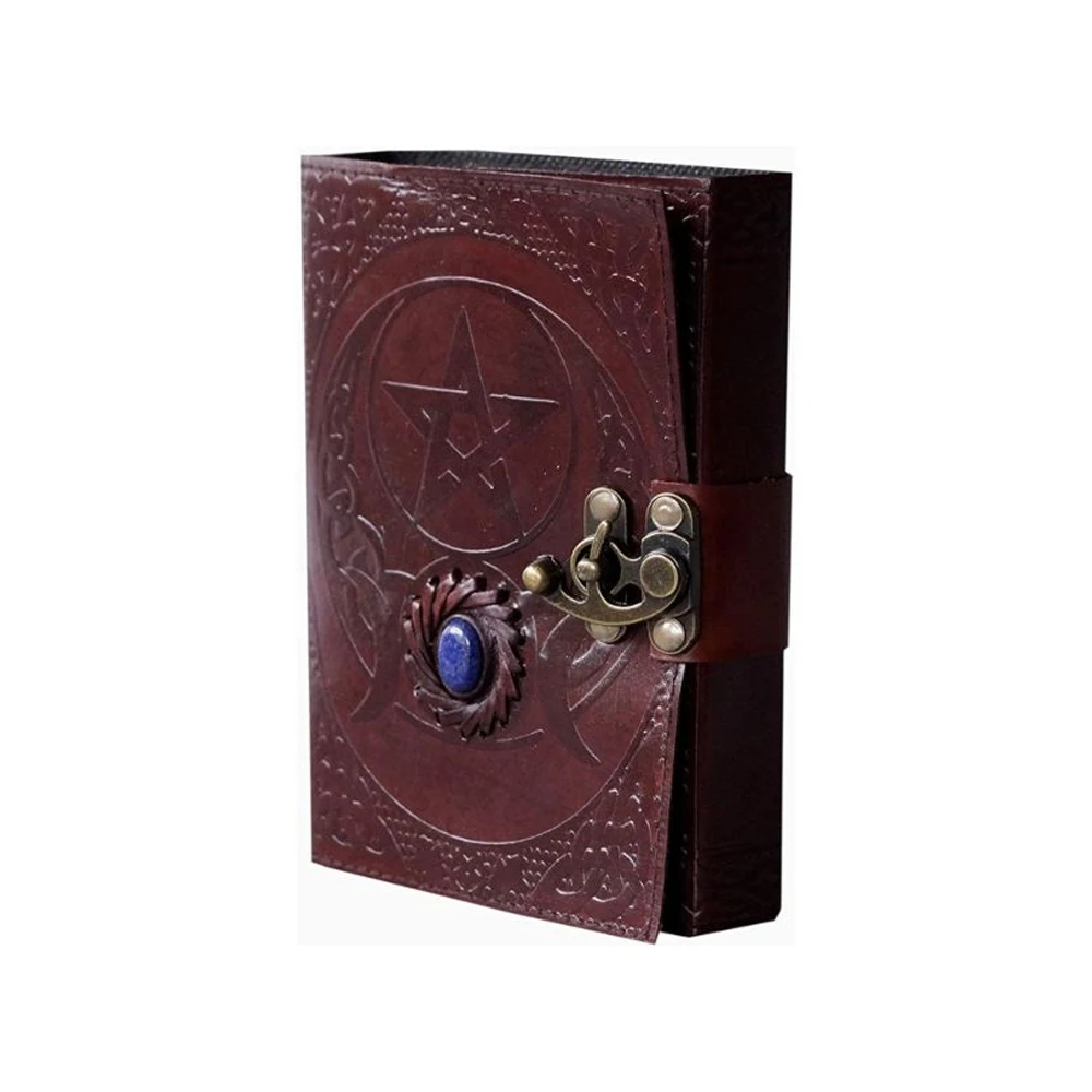 Пустой «Триединая Луна», третий глаз камень в винтажном стиле Гримуар заклинание, Необычные ручной замок застежка коричневого камня Дневник для записей