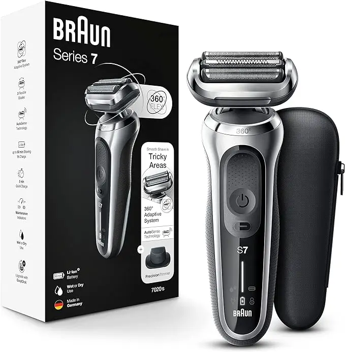Электробритва Braun Series 7 7020s гибкой электрической бритвы для мужчин с точным триммером Влажная и сухая перезаряжаемая Беспроводная Бритва из фольги серебристая