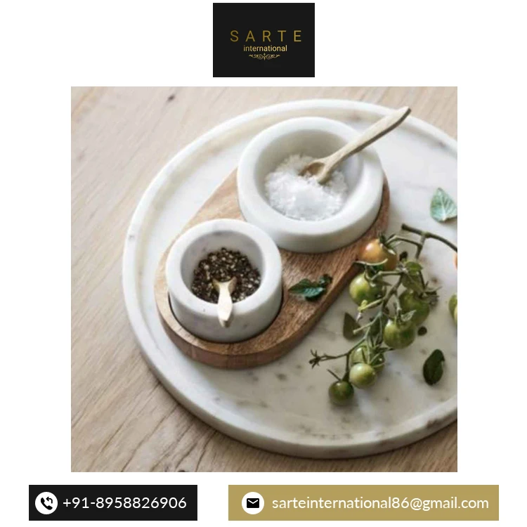Luxury Marble Pinch Pot and Spoons Set Marble Seasoning Storage Jars Wooden Base Salt Spice Jar from Indian Supplier