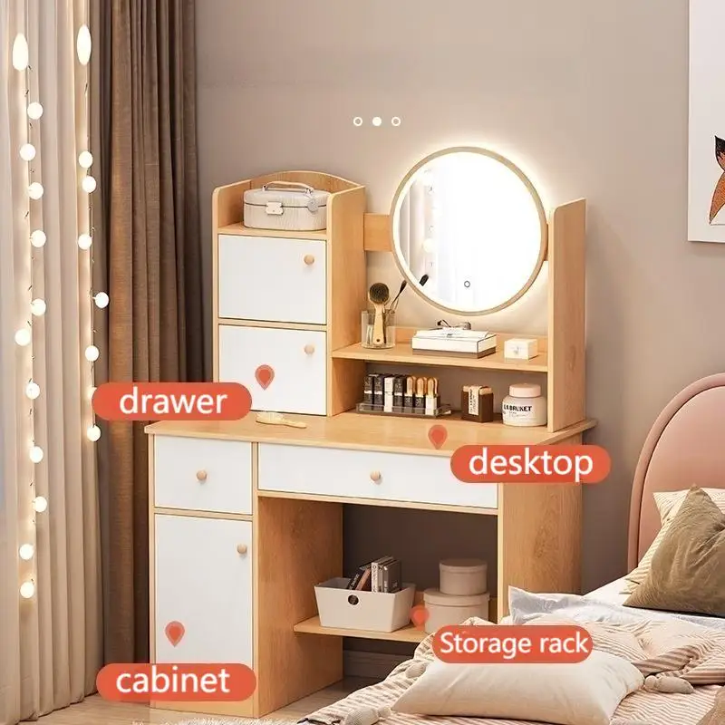 Bedroom Small Storage Cabinet Integrated Vanity With Drawers, Mirror And Stool Wooden Dressing Table Set