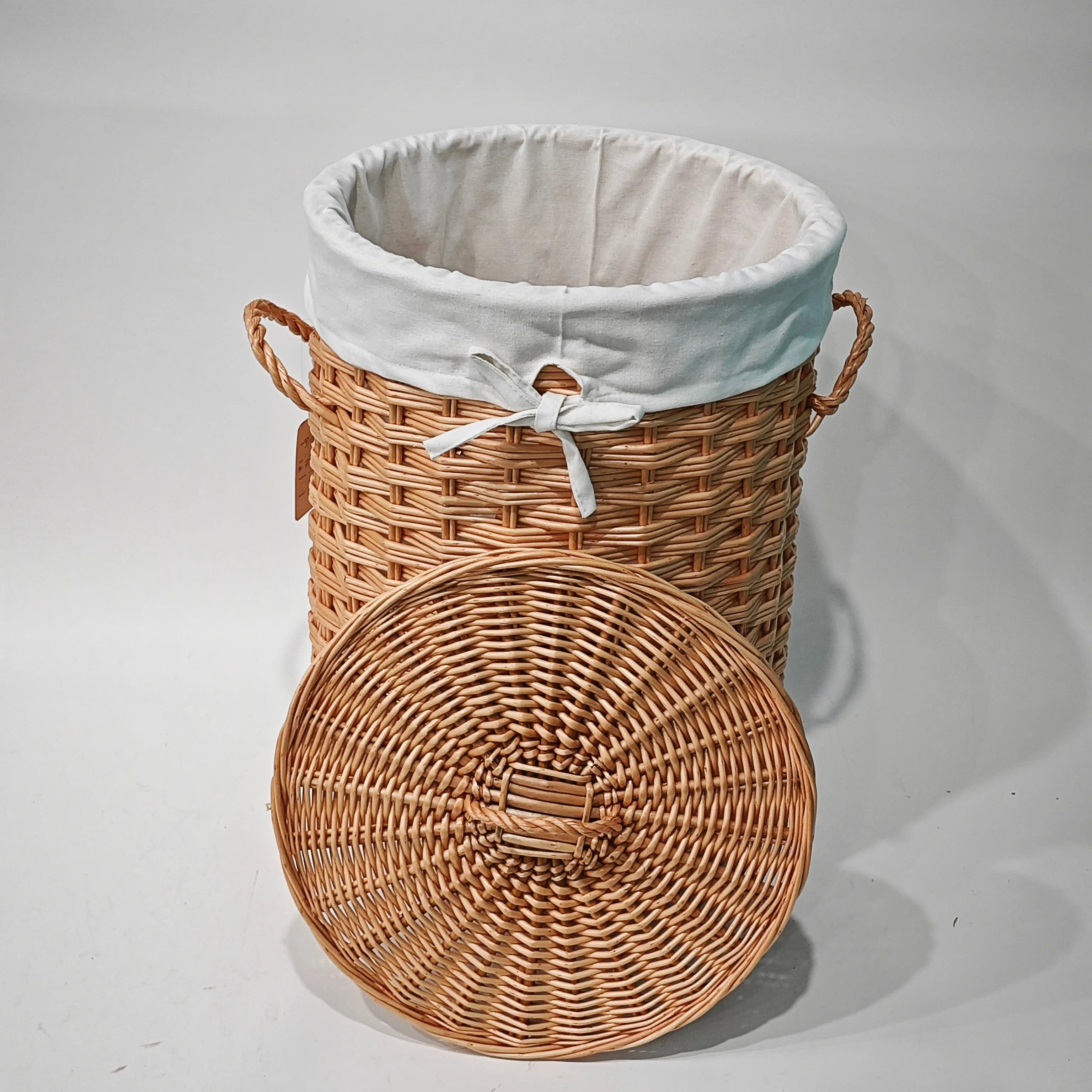 JY 2 Sets Large Round Wicker Basket for Clothes Storage Water Hyacinth Rattan Hamper Woven Laundry Hamper Basket with Lid