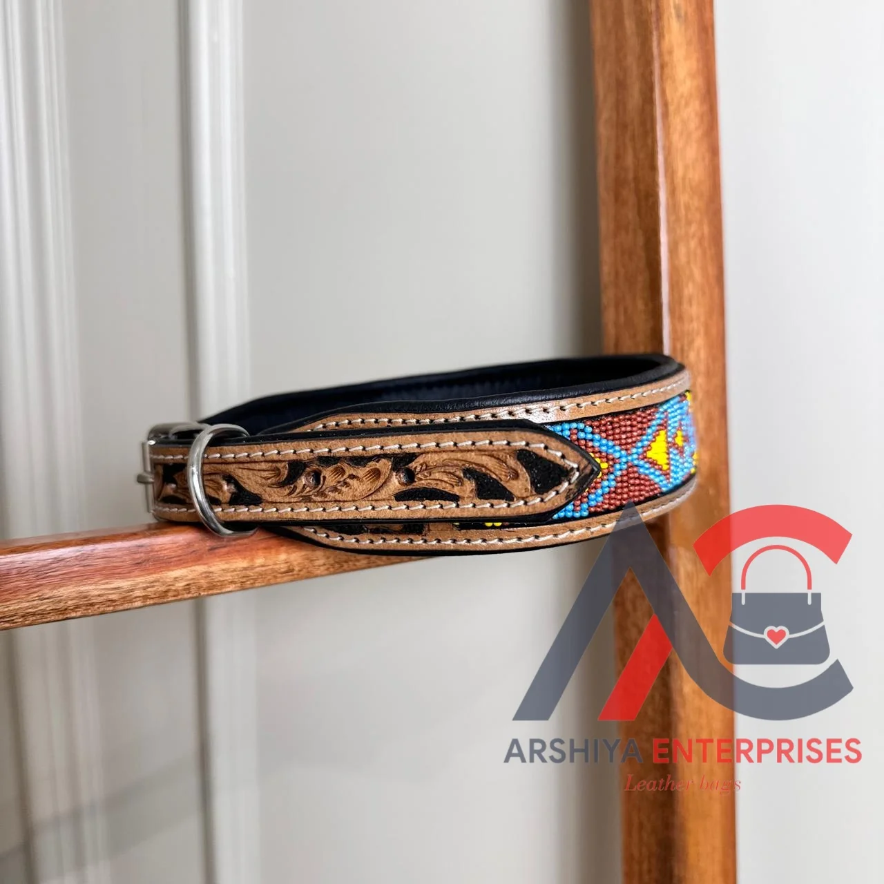 Western Pattern Genuine Leather Dog Collar Hand Tooled Skull Design Padded and Adjustable for Comfort Wholesale Bulk Product