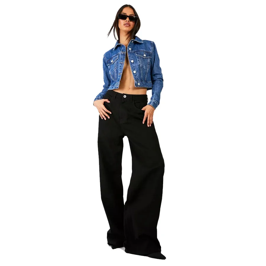 Women Hip Hop Style Most Fashionable Black Wide Flare Leg Washed Denim Pants For Stylish Uses In Wholesale Rates