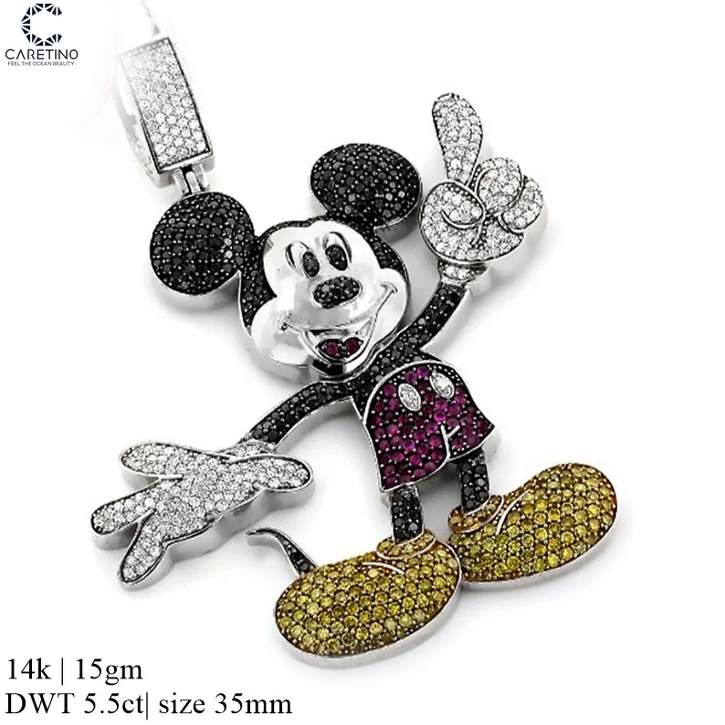 Custom Made Mickey Mouse Pendant Round Cut Simulated Diamond Mickey Mouse Hip Hop Multi Stone 14k White Gold Finish Pendant