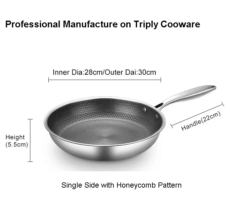 28cm Stainless Steel 304 Frying Pan Triply Kitchenware SS handle Non-Stick Coating Single Side Honeycomb Fire Textured Pattern